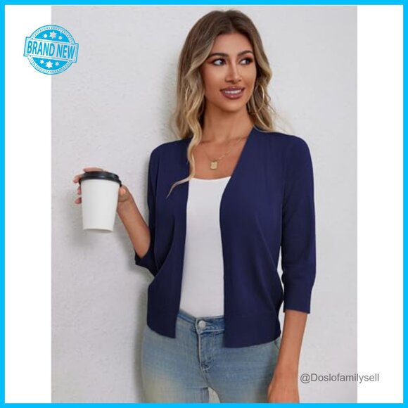 Lightweight Cropped Cardigan 3/4 Sleeve Open Front Shrug Chic Minimal Style - Picture 4 of 5